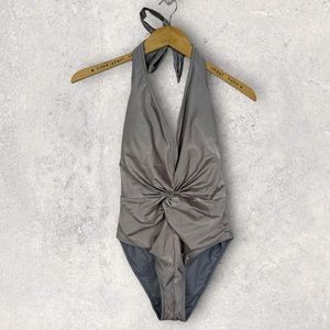 Ted Baker Low Knot One Piece‎ Swimsuit Shimmer Grey Silver Plunge V-Neck Swim 4